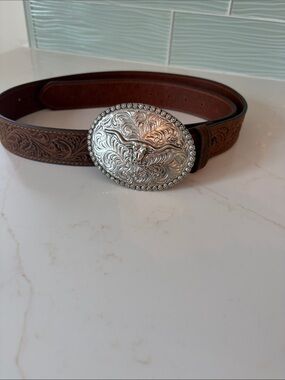 Men's Brown Tooled Leather Western Belt with Silver Oval Buckle